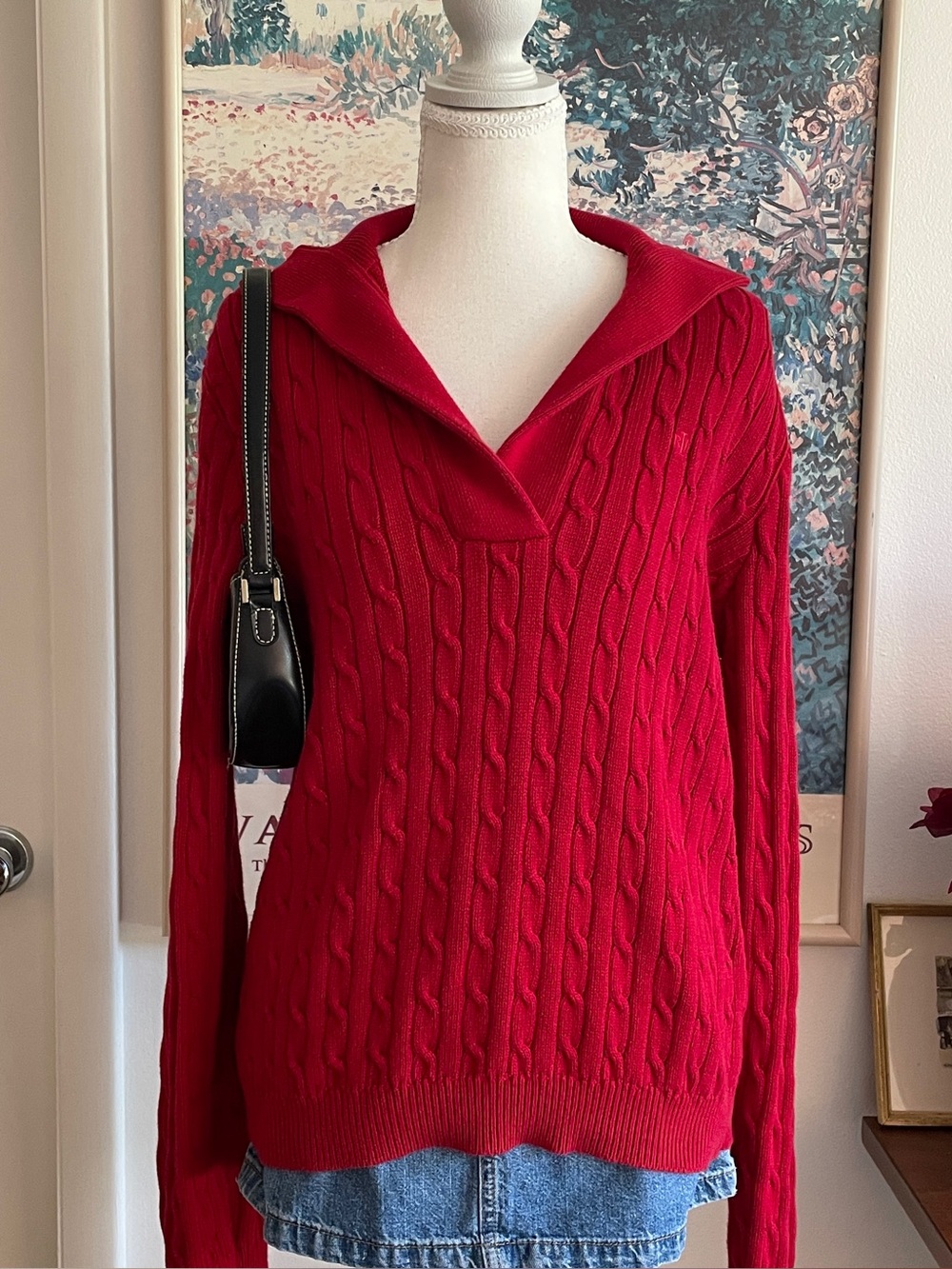 Lauren Ralph Lauren Sweater Womens XL Red Cable Knit Collared V-Neck Old Money